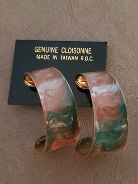 Genuine Cloisonne Pink Green Swirl Hoop Earrings